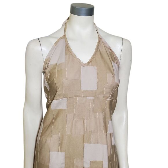 Vintage 90s Gantos Patchwork Halter Dress Size L Tan Mini Dress Bohemian Womens - Picture 2 of 9